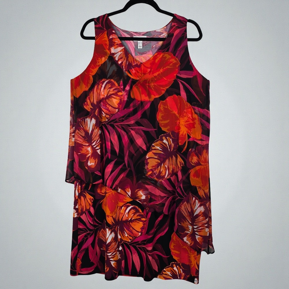 Susan Graver‎ Womens Dress Medium Tropical Floral Print Sleeveless Sheer Overlay